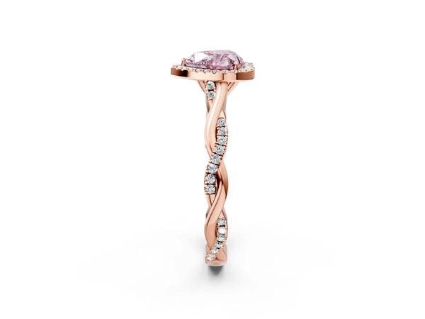 Rose gold Fancy Pink Heart Cut Halo Twist Band with Four-Prong Setting