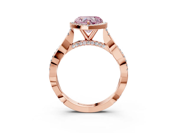 Rose gold Fancy Pink Heart Cut Halo Twist Band with Four-Prong Setting