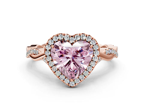 Rose gold Fancy Pink Heart Cut Halo Twist Band with Four-Prong Setting