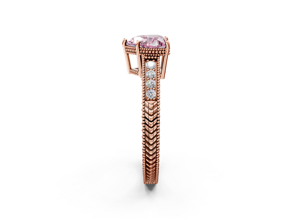 Rose gold Fancy Pink Heart Cut Diamond Engagement Ring with Milgrain Channel Set Band and Prong Setting