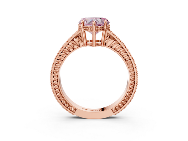 Rose gold Fancy Pink Heart Cut Diamond Engagement Ring with Milgrain Channel Set Band and Prong Setting