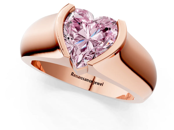 Rose gold Fancy Pink Heart Cut Solitaire Bezel Set Diamond Ring with Wide Band