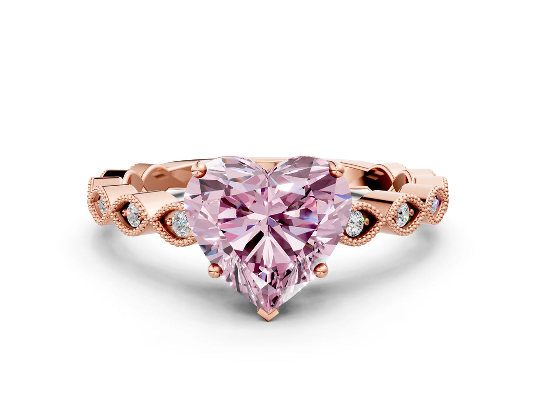 Rose gold Fancy Pink Heart Cut Solitaire Diamond Ring with Infinity Twist Band and Four-Prong Setting