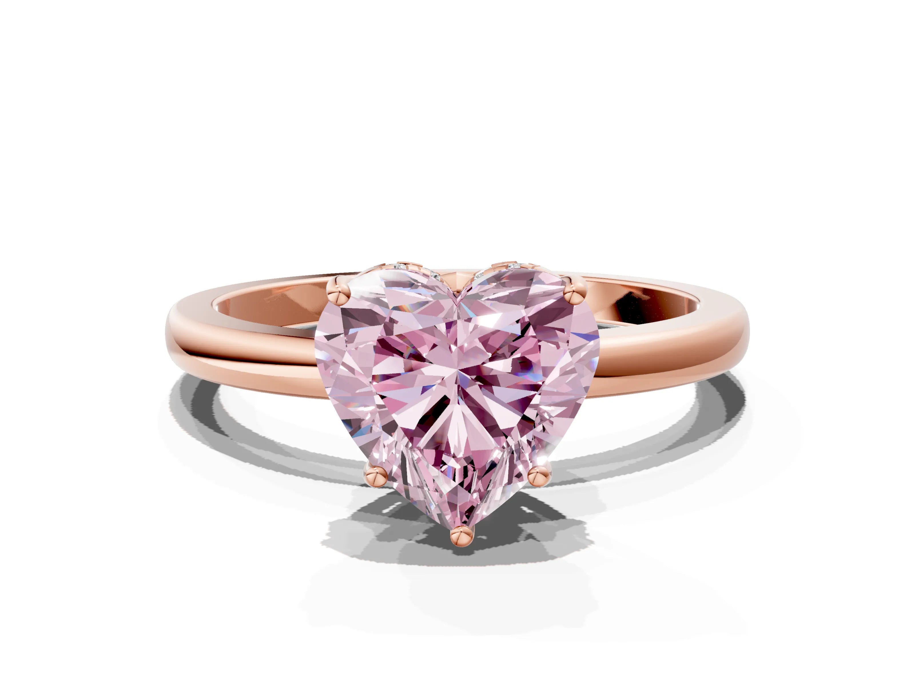 Rose gold Fancy Pink Heart Cut Solitaire Diamond Ring with Prong Setting and Plain Band