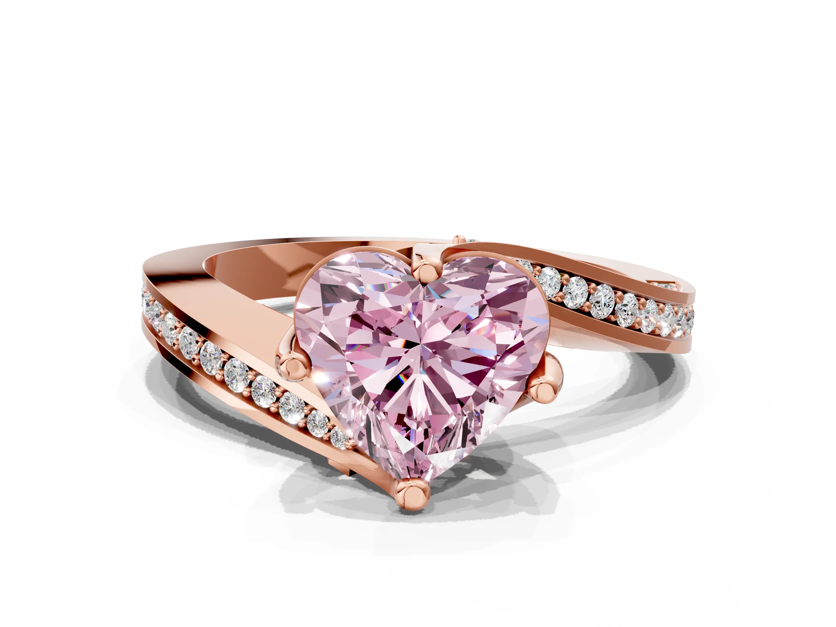 Rose gold Fancy Pink Heart Cut Solitaire Diamond Twist Band with Pavé Setting and Four-Prong Setting