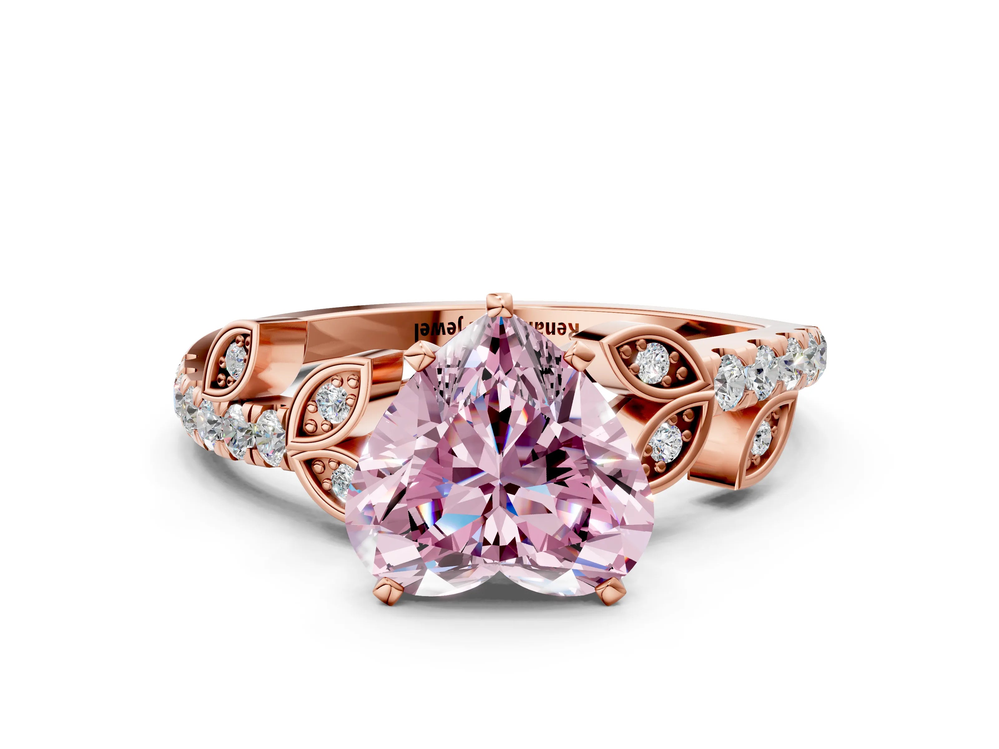 Rose gold Fancy Pink Heart Cut Solitaire Leaf-Inspired Diamond Ring with Pavé Band and Four-Prong Setting