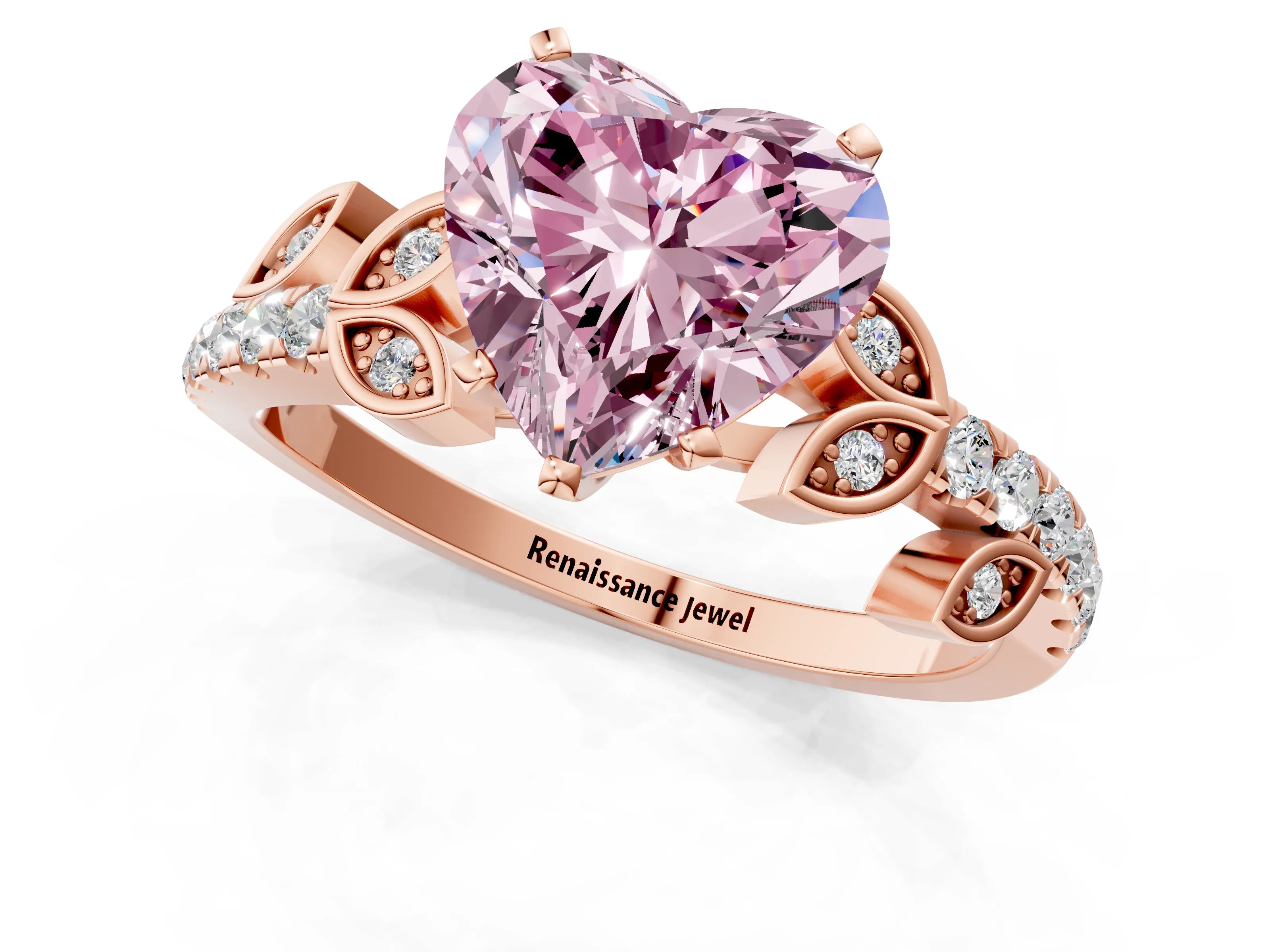 Rose gold Fancy Pink Heart Cut Solitaire Leaf-Inspired Diamond Ring with Pavé Band and Four-Prong Setting_1