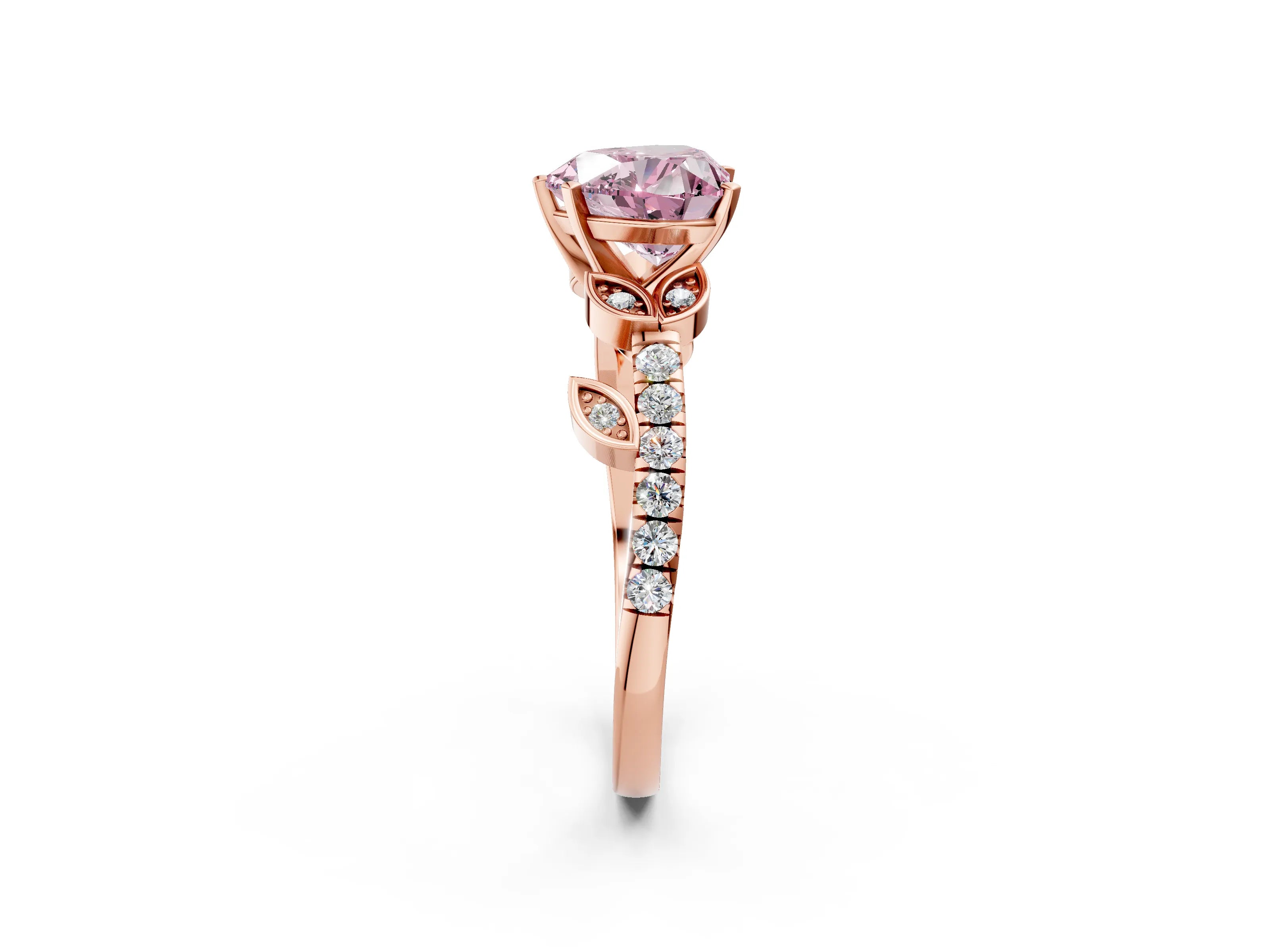 Rose gold Fancy Pink Heart Cut Solitaire Leaf-Inspired Diamond Ring with Pavé Band and Four-Prong Setting_2