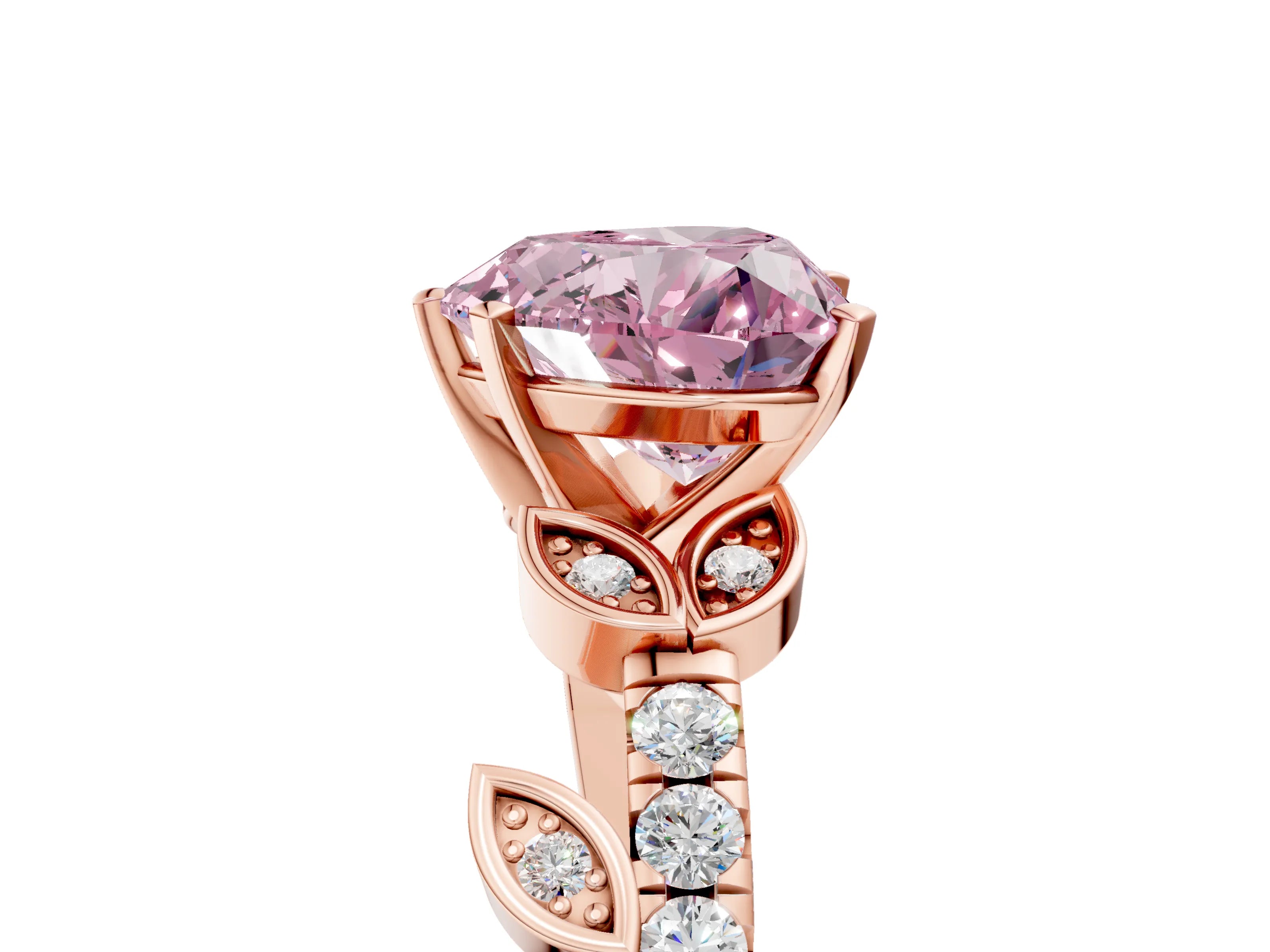 Rose gold Fancy Pink Heart Cut Solitaire Leaf-Inspired Diamond Ring with Pavé Band and Four-Prong Setting_5