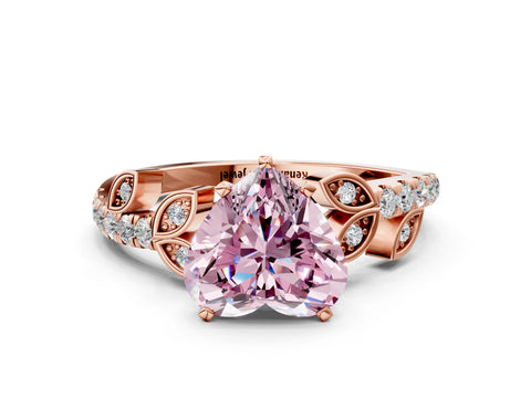 Rose gold Fancy Pink Heart Cut Solitaire Leaf-Inspired Diamond Ring with Pavé Band and Four-Prong Setting