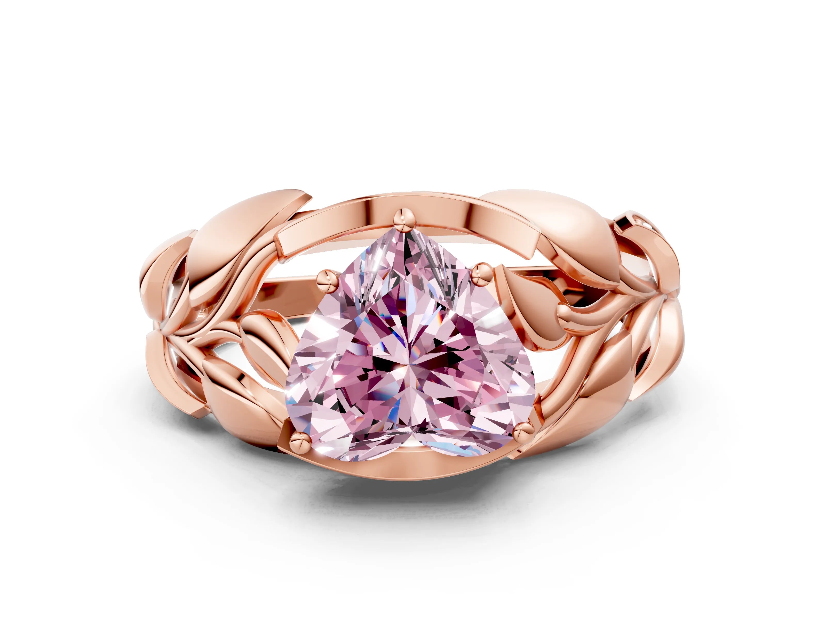 Rose gold Fancy Pink Heart Cut Solitaire Leaf-Inspired Engagement Ring with Prong Setting
