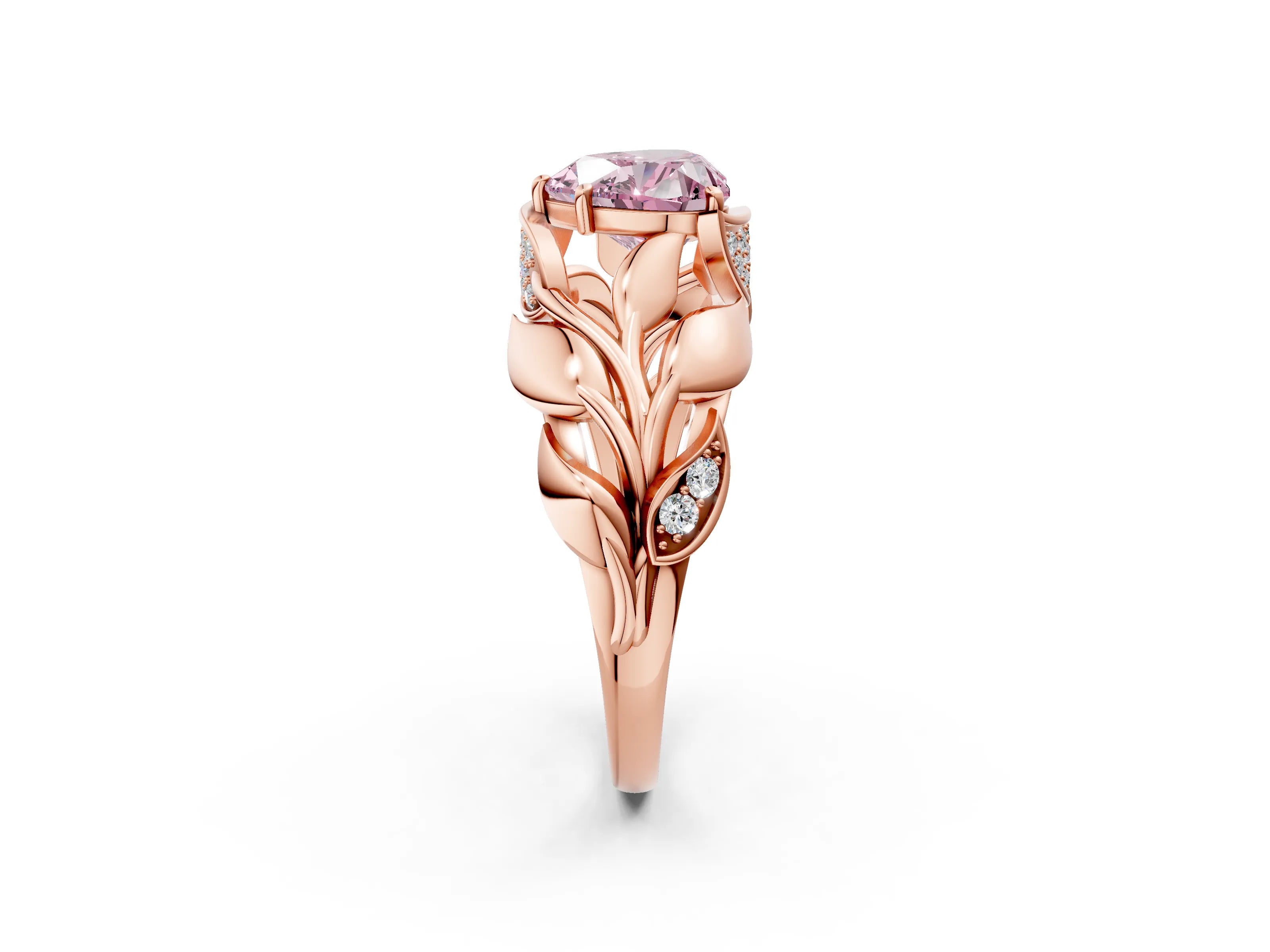 Rose gold Fancy Pink Heart Cut Solitaire Leaf-Inspired Engagement Ring with Prong Setting_2