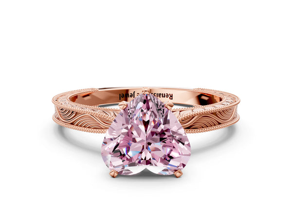 Rose gold Fancy Pink Heart Cut Solitaire Milgrain Engraved Band with Four-Prong Setting