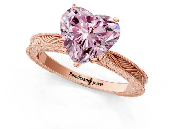 Rose gold Fancy Pink Heart Cut Solitaire Milgrain Engraved Band with Four-Prong Setting
