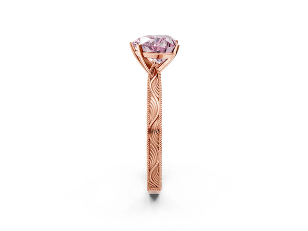 Rose gold Fancy Pink Heart Cut Solitaire Milgrain Engraved Band with Four-Prong Setting