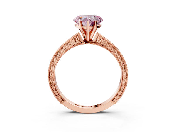 Rose gold Fancy Pink Heart Cut Solitaire Milgrain Engraved Band with Four-Prong Setting