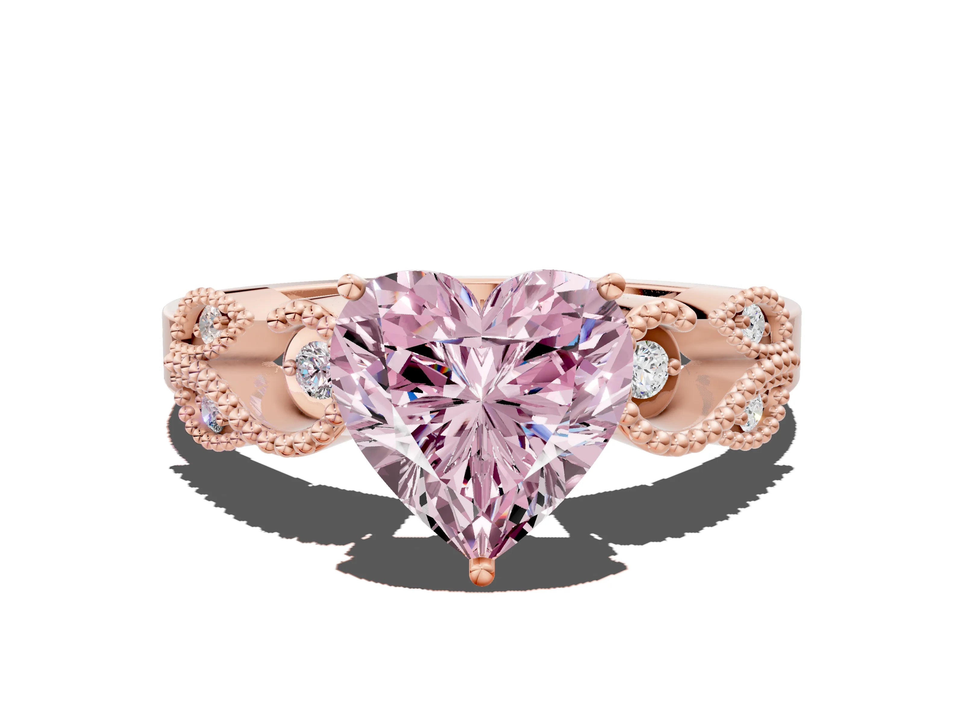 Rose gold Fancy Pink Heart Cut Solitaire Milgrain Leaf Band with Prong Setting