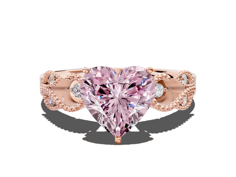 Rose gold Fancy Pink Heart Cut Solitaire Milgrain Leaf Band with Prong Setting