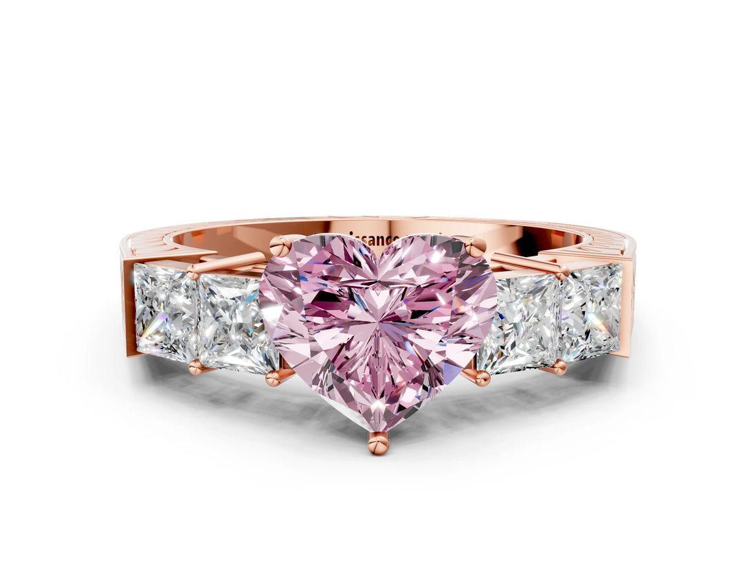 Rose gold Fancy Pink Heart Cut Solitaire Princess Side Stone Engraved Band Prong Setting Ring