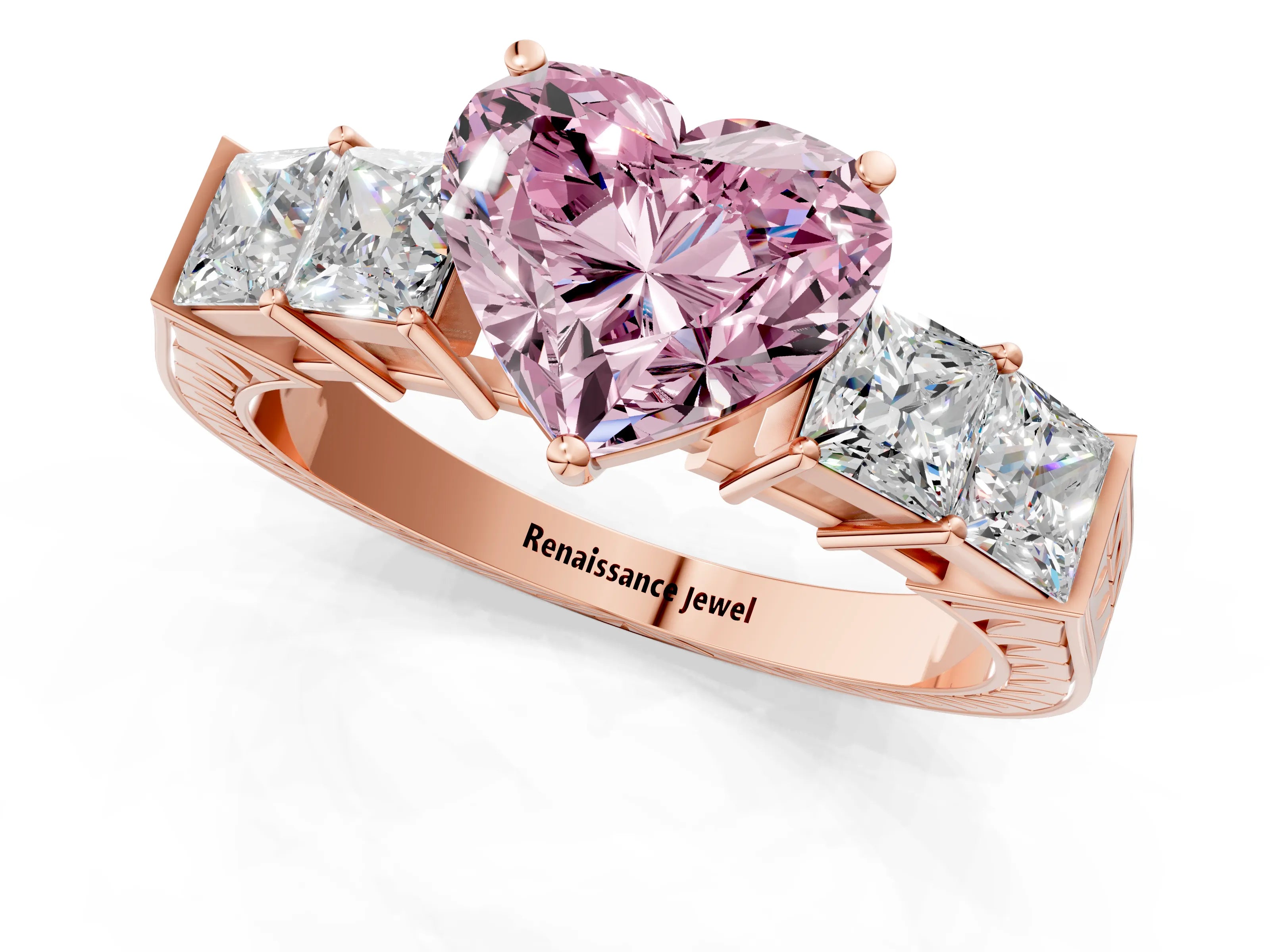 Rose gold Fancy Pink Heart Cut Solitaire Princess Side Stone Engraved Band Prong Setting Ring_1