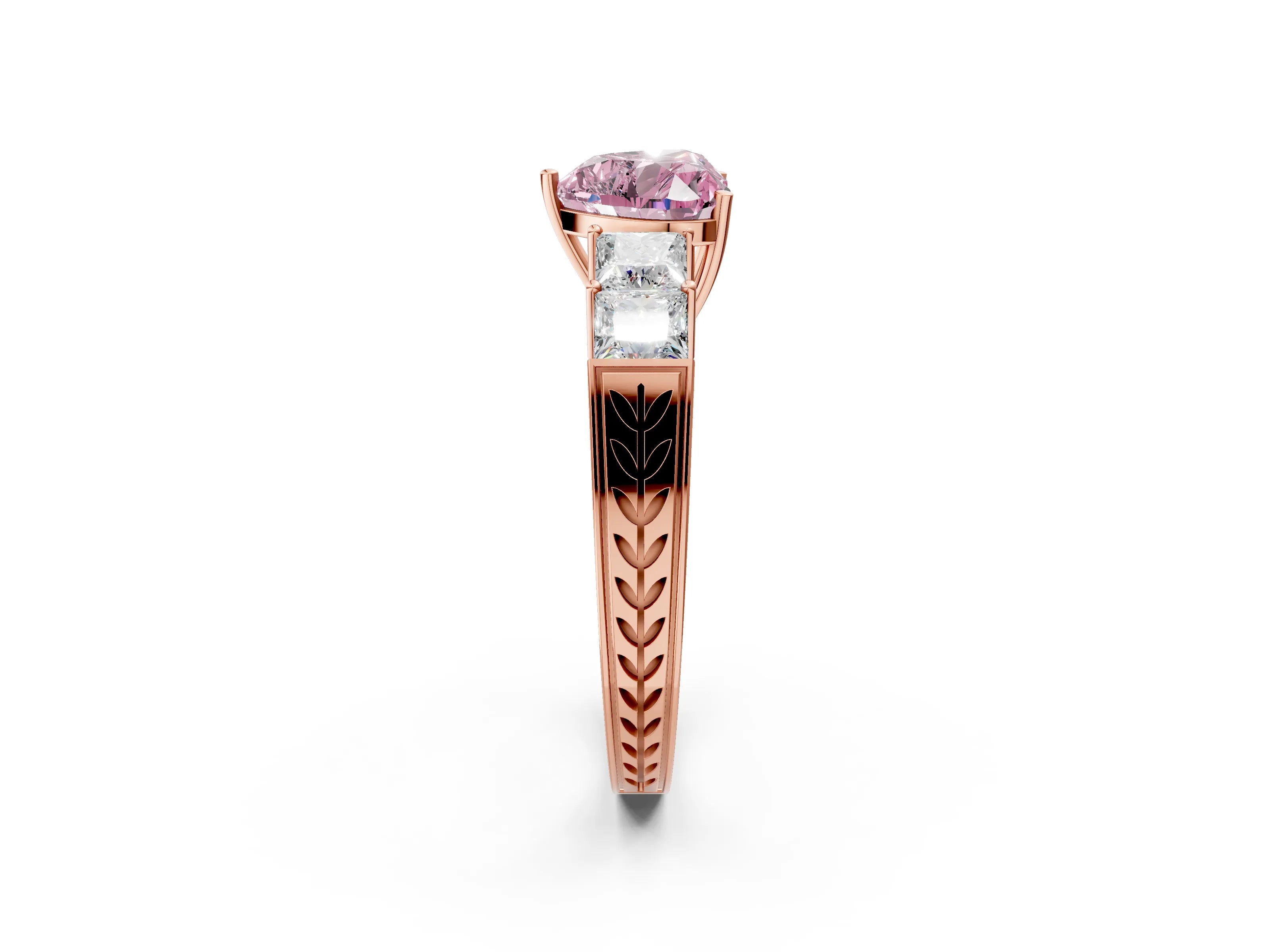 Rose gold Fancy Pink Heart Cut Solitaire Princess Side Stone Engraved Band Prong Setting Ring_2