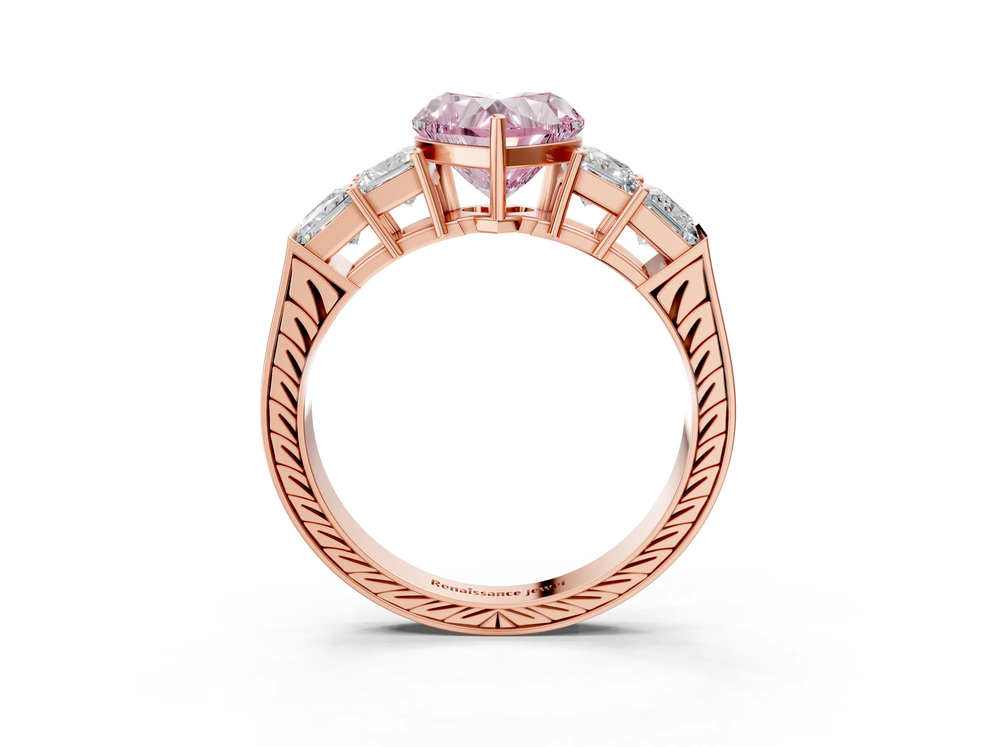 Rose gold Fancy Pink Heart Cut Solitaire Princess Side Stone Engraved Band Prong Setting Ring_3