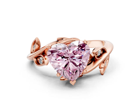 Rose gold Fancy Pink Heart Cut Solitaire Twist Engagement Ring with Leaf Accents and Prong Setting_12