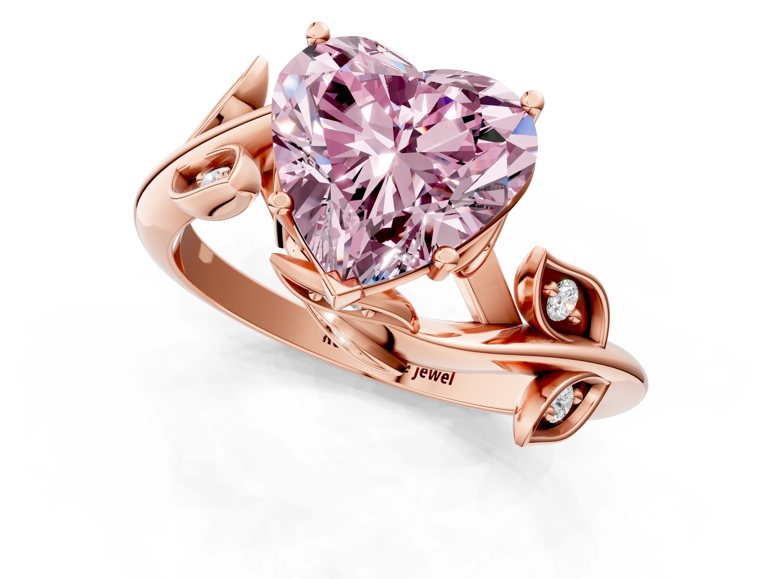 Rose gold Fancy Pink Heart Cut Solitaire Twist Engagement Ring with Leaf Accents and Prong Setting_13