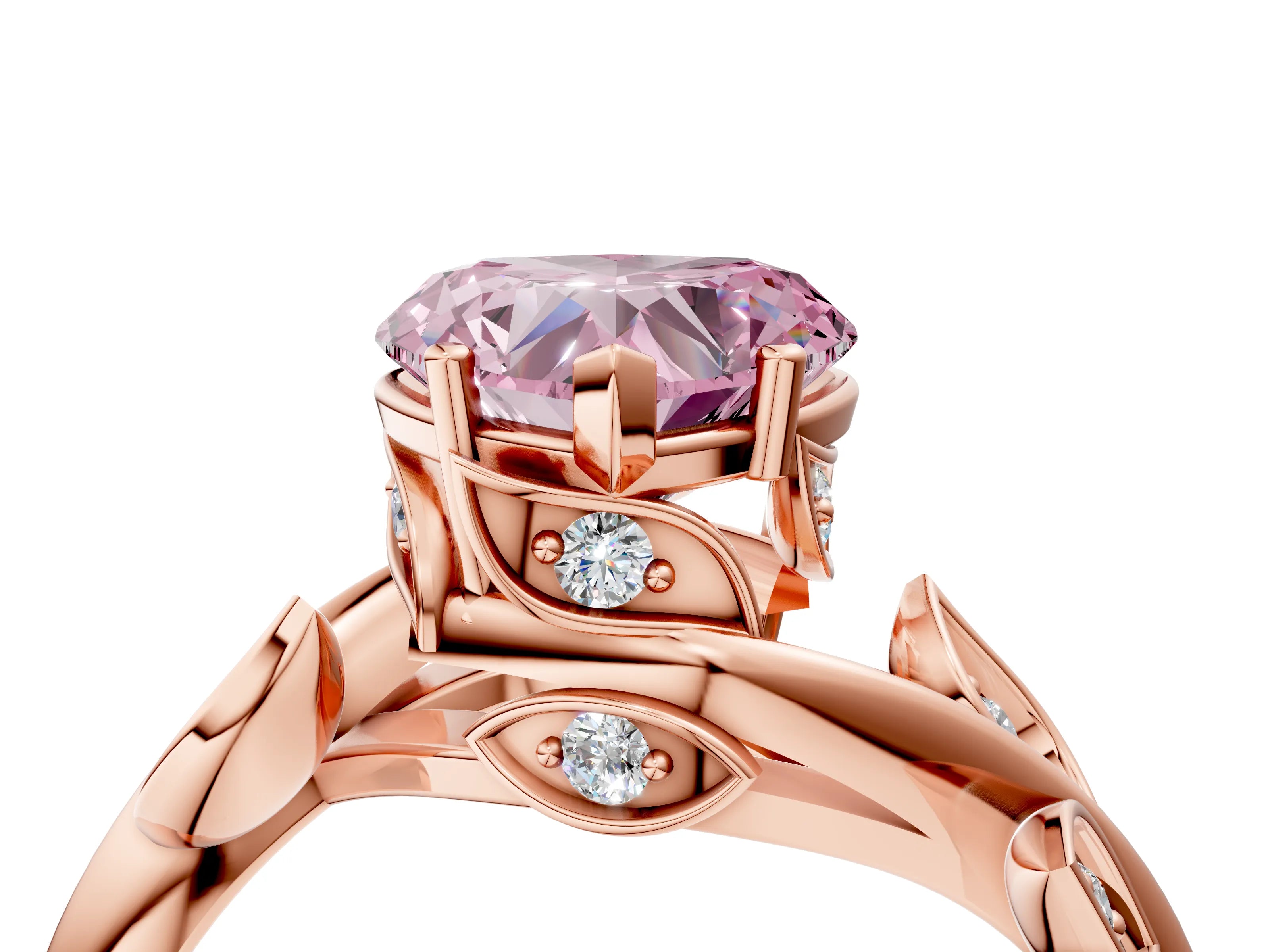 Rose gold Fancy Pink Heart Cut Solitaire Twist Engagement Ring with Leaf Accents and Prong Setting_16