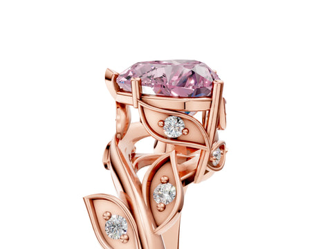 Rose gold Fancy Pink Heart Cut Solitaire Twist Engagement Ring with Leaf Accents and Prong Setting_17