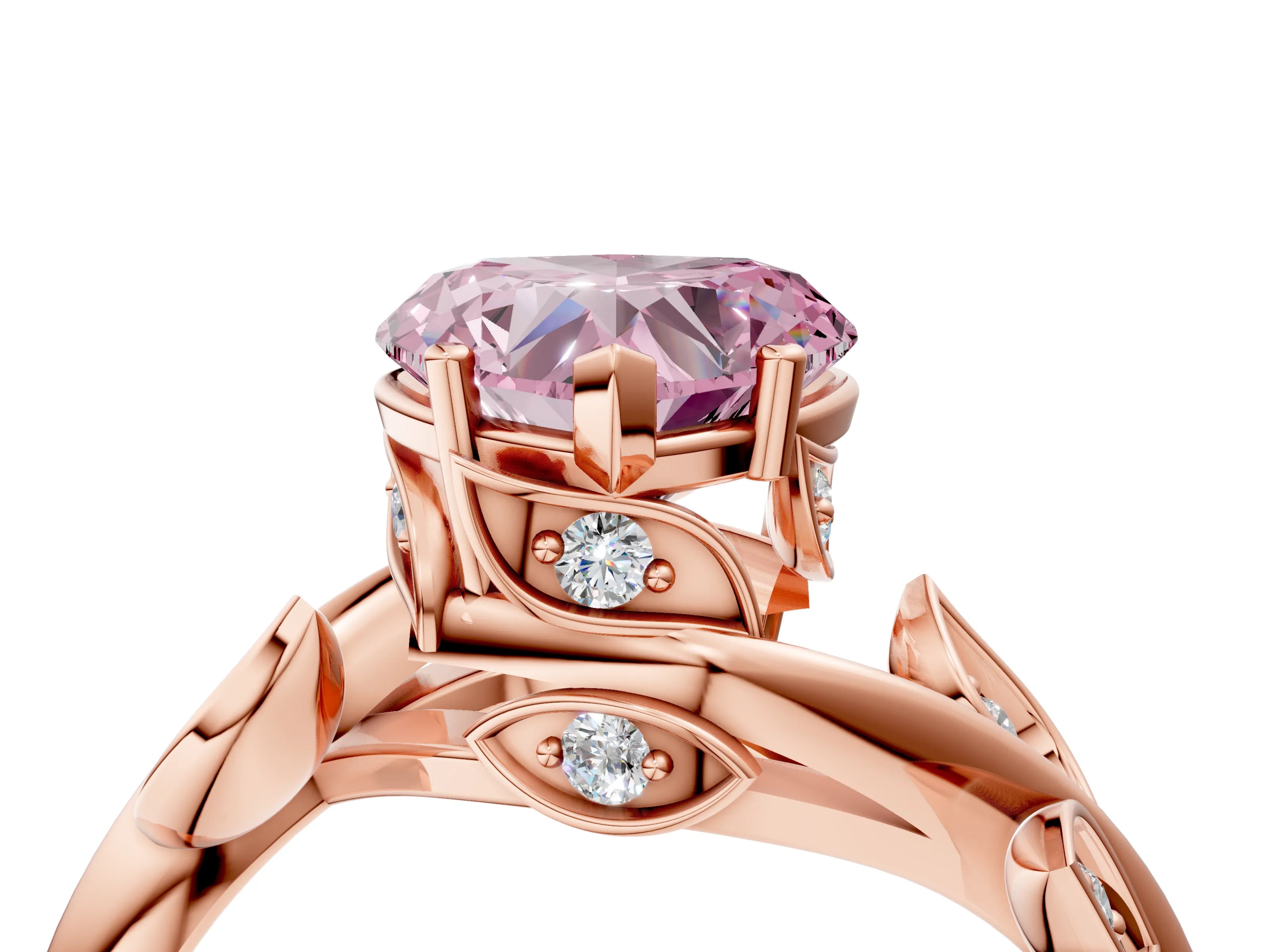 Rose gold Fancy Pink Heart Cut Solitaire Twist Engagement Ring with Leaf Accents and Prong Setting_4