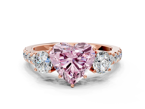 Rose gold Fancy Pink Heart  Cut Diamond Three-Stone Ring with Round Side Stones and Pavé Band