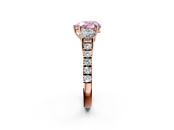 Rose gold Fancy Pink Heart  Cut Diamond Three-Stone Ring with Round Side Stones and Pavé Band