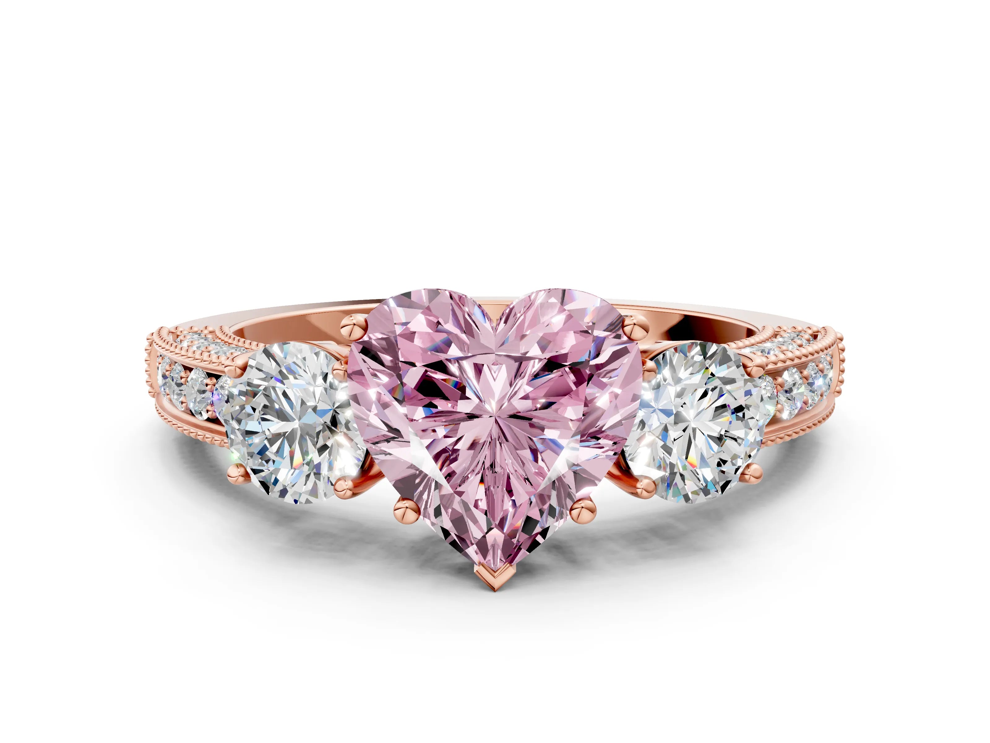Rose gold Fancy Pink Heart Cut Three-Stone Diamond Ring with Pavé Band and Four-Prong Setting