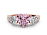 Rose gold Fancy Pink Heart Cut Three-Stone Diamond Ring with Pavé Band and Four-Prong Setting