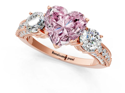 Rose gold Fancy Pink Heart Cut Three-Stone Diamond Ring with Pavé Band and Four-Prong Setting_1