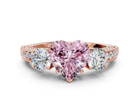 Rose gold Fancy Pink Heart Cut Three-Stone Diamond Ring with Pavé Band and Four-Prong Setting