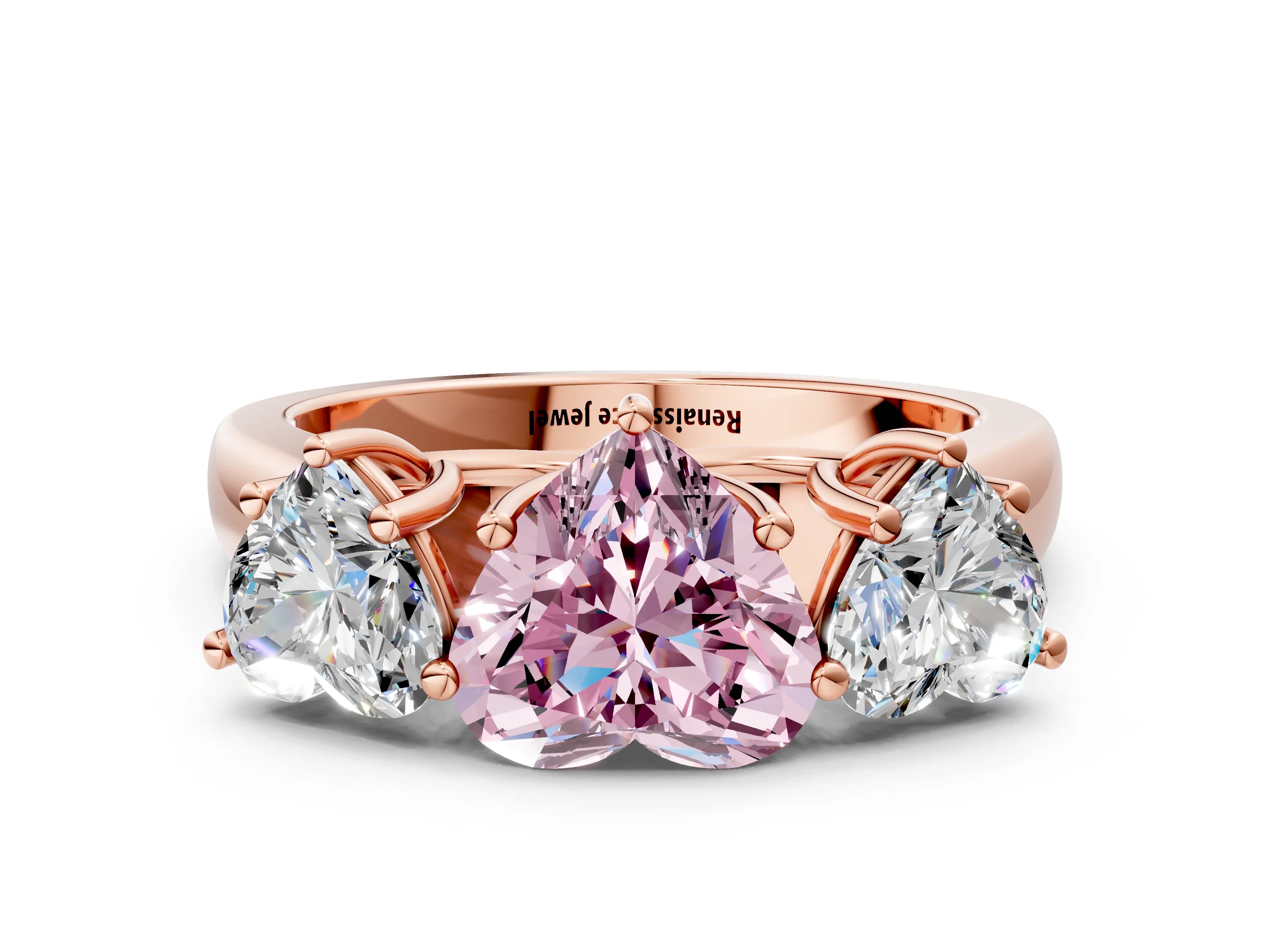 Rose gold Fancy Pink Heart Cut Three-Stone Diamond Ring with Prong Setting on a Classic Band