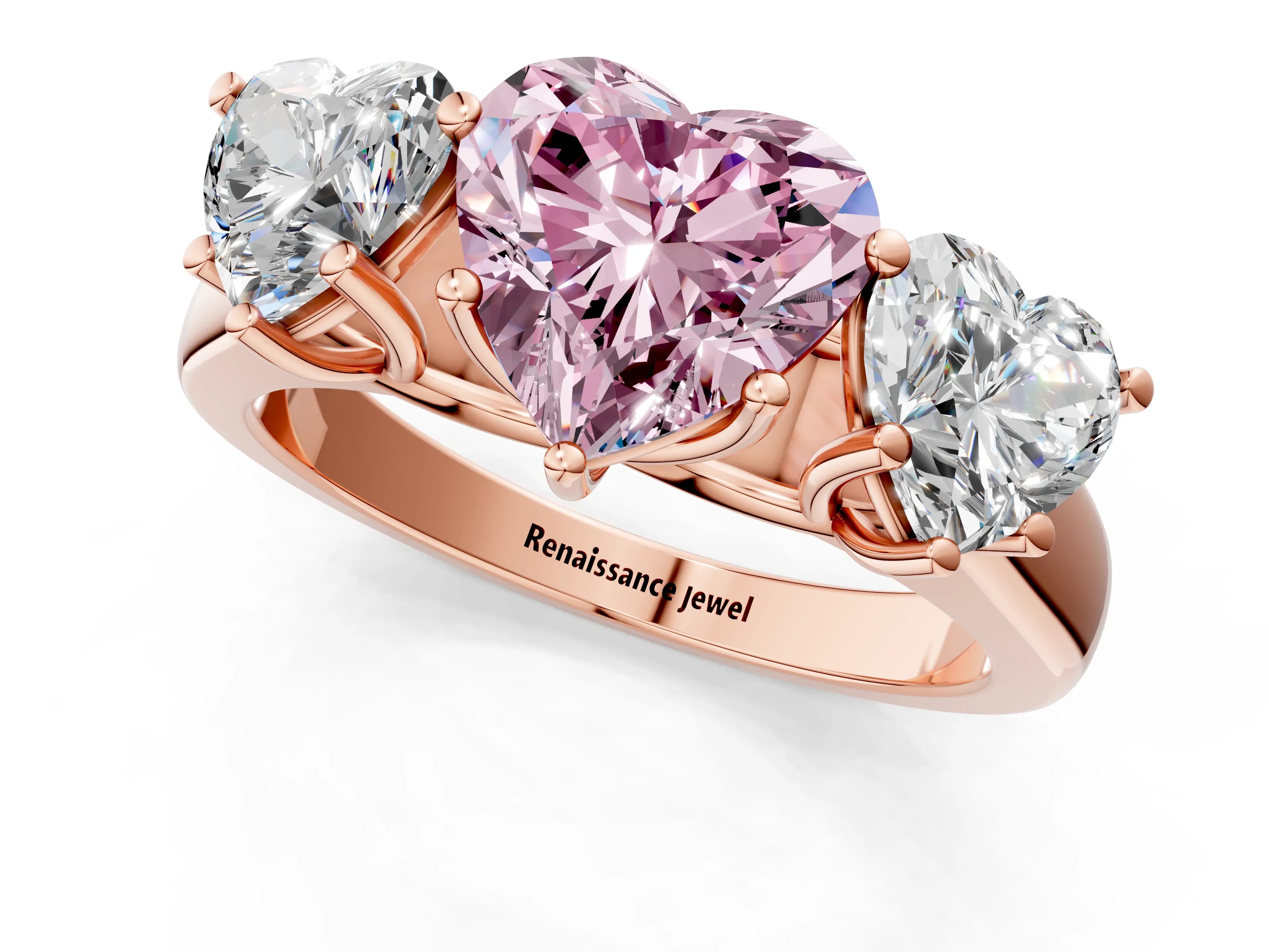 Rose gold Fancy Pink Heart Cut Three-Stone Diamond Ring with Prong Setting on a Classic Band_1