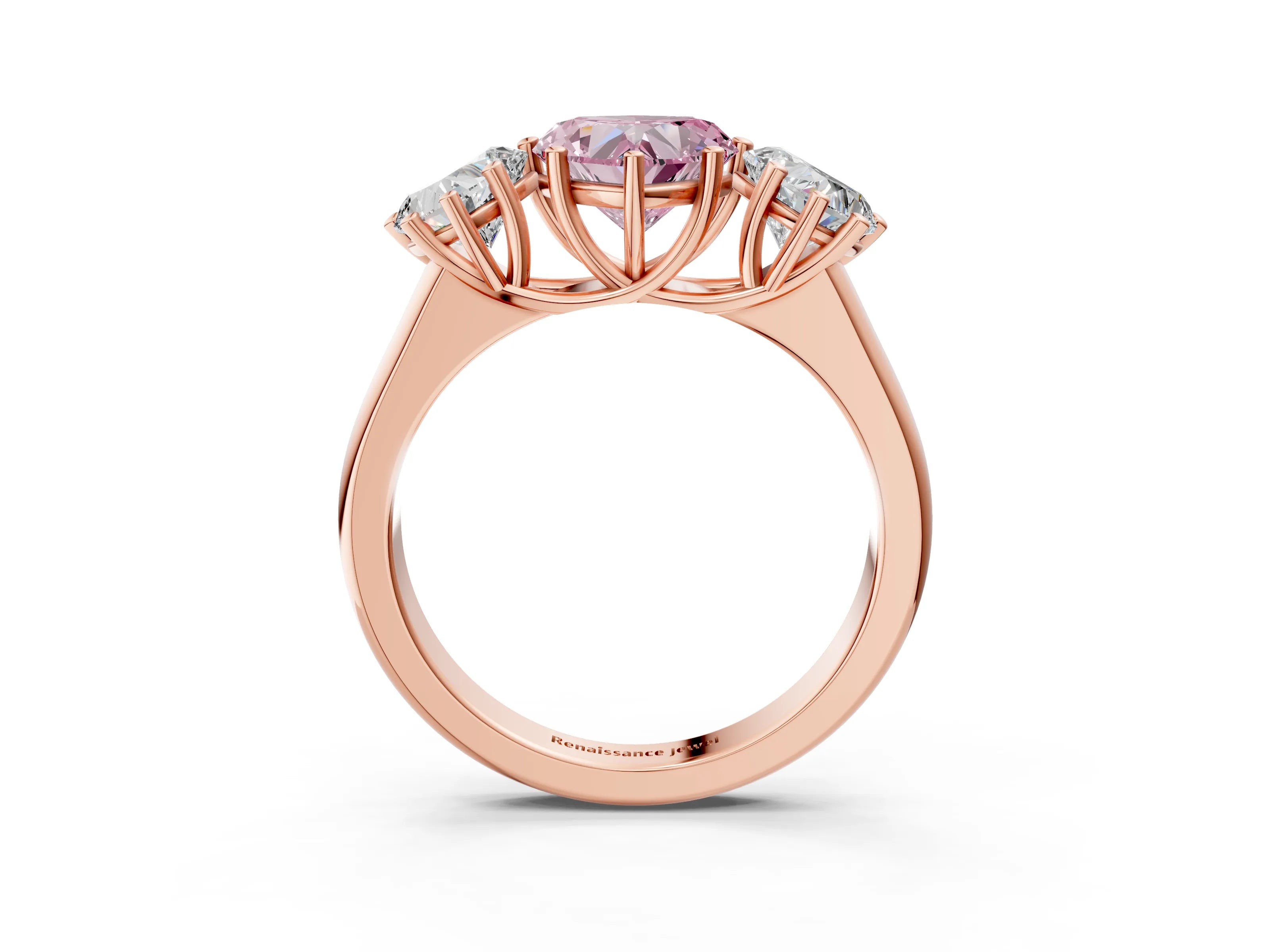 Rose gold Fancy Pink Heart Cut Three-Stone Diamond Ring with Prong Setting on a Classic Band_3