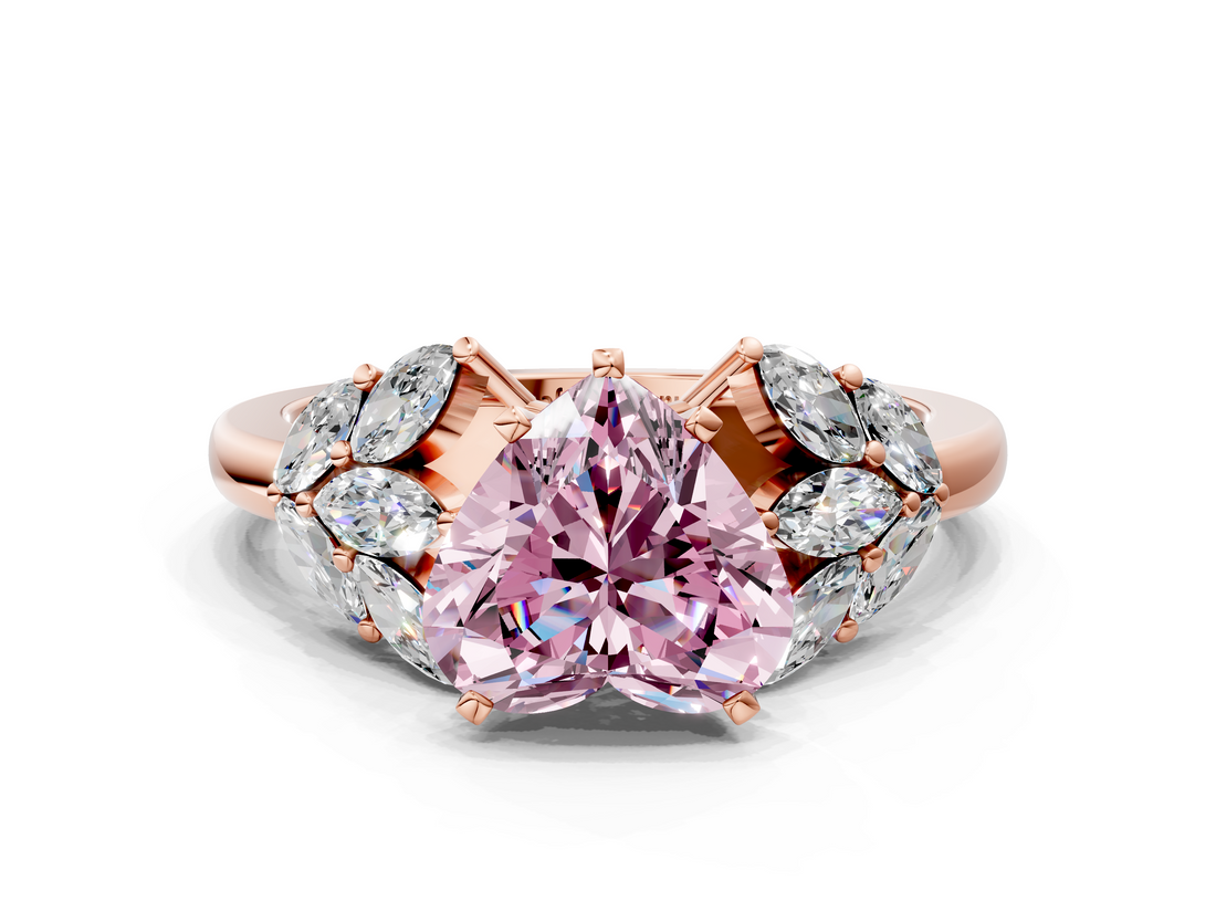 Rose gold Fancy Pink Heart  Diamond Cluster Leaf Design Ring with Prong Setting_70