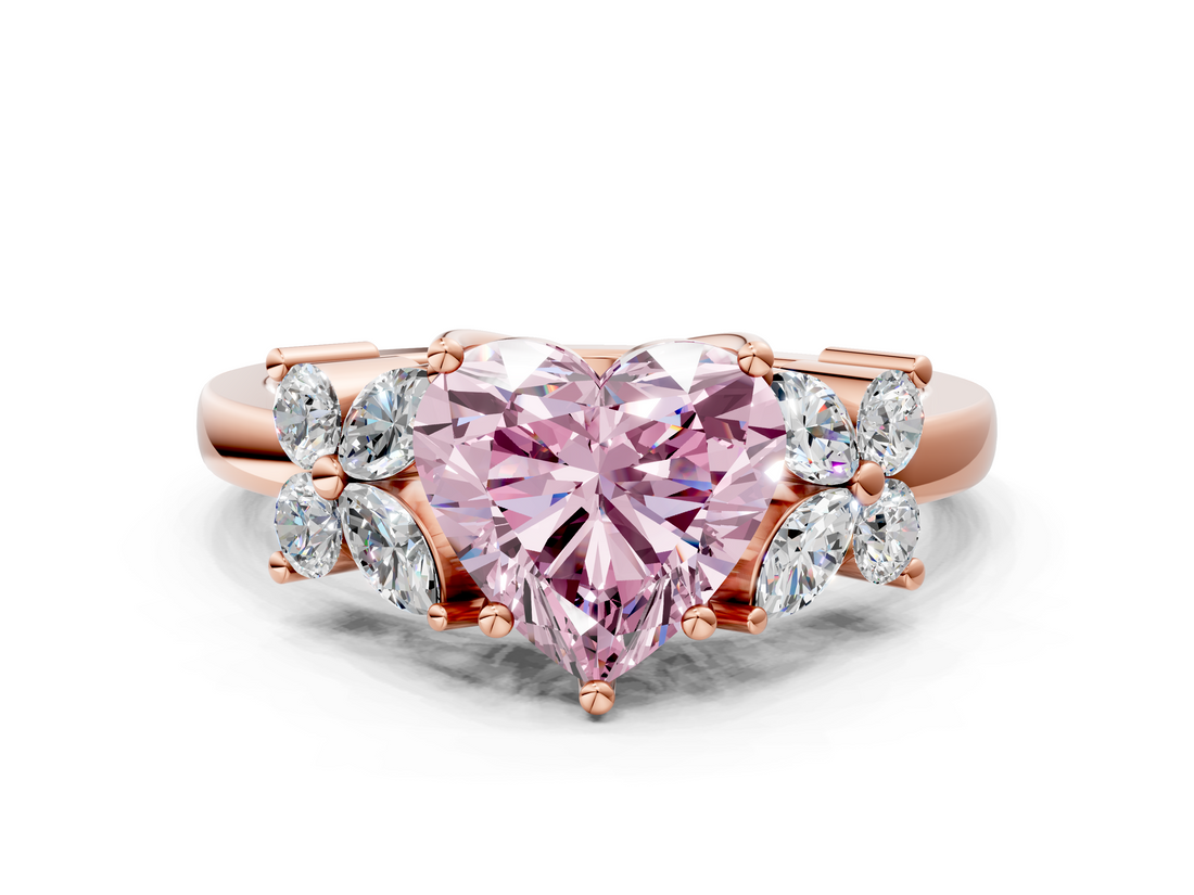 Rose gold Fancy Pink Heart  Diamond Floral Cluster Ring with Solitaire Band and Prong Setting_42