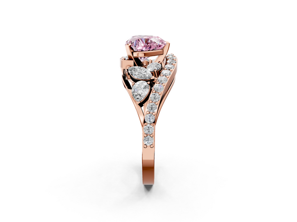 Rose gold Fancy Pink Heart  Diamond Halo Ring with Marquise and Pavé Band in Prong Setting