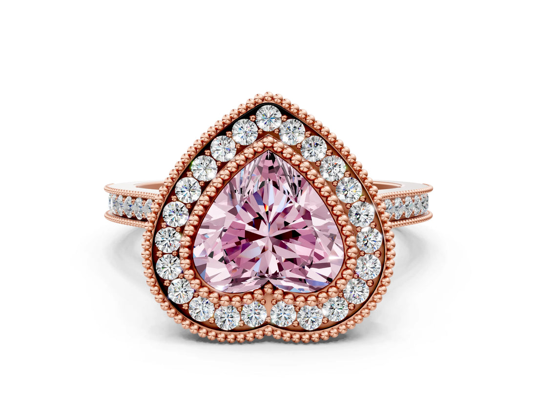 Rose gold Fancy Pink Heart  Diamond Halo Ring with Milgrain Frame and Pavé Band_59