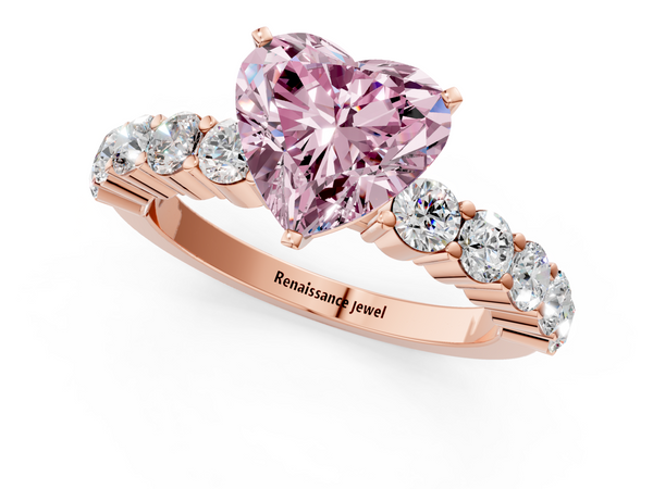 Rose gold Fancy Pink Heart  Diamond Solitaire Ring with Shared Prong Round Side Stones