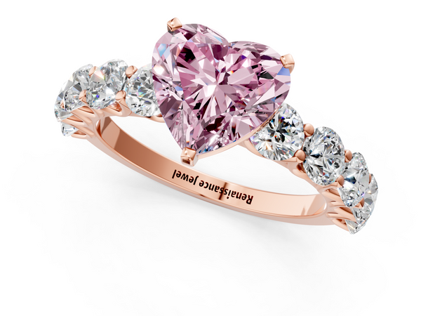 Rose gold Fancy Pink Heart Cut Diamond Prong Setting with Side Stones on a Pave Band