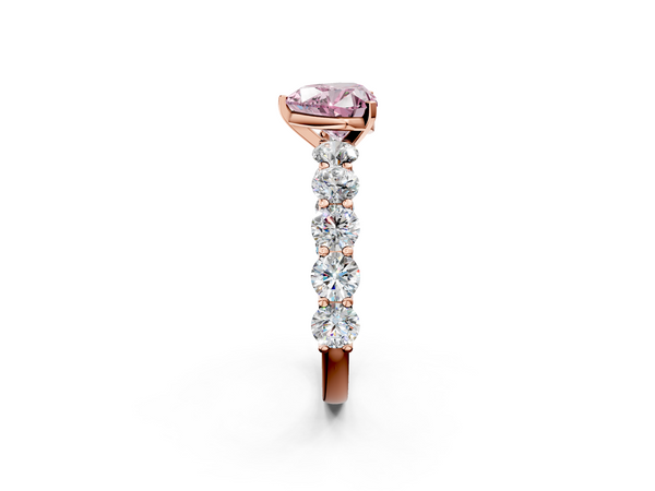 Rose gold Fancy Pink Heart Cut Diamond Prong Setting with Side Stones on a Pave Band