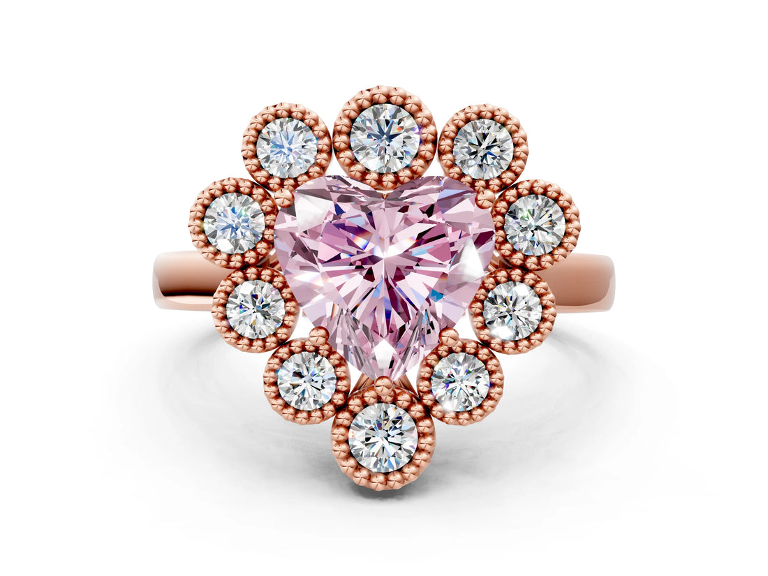 Rose gold Fancy Pink Heart  Halo Diamond Cluster Engagement Ring with Milgrain Bezel Setting and Solitaire Band_27