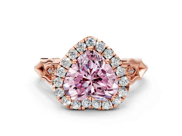 Rose gold Fancy Pink Heart  Halo Diamond Engagement Ring with Filigree Band and Four-Prong Setting