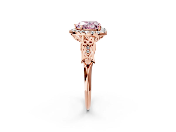 Rose gold Fancy Pink Heart  Halo Diamond Engagement Ring with Filigree Band and Four-Prong Setting